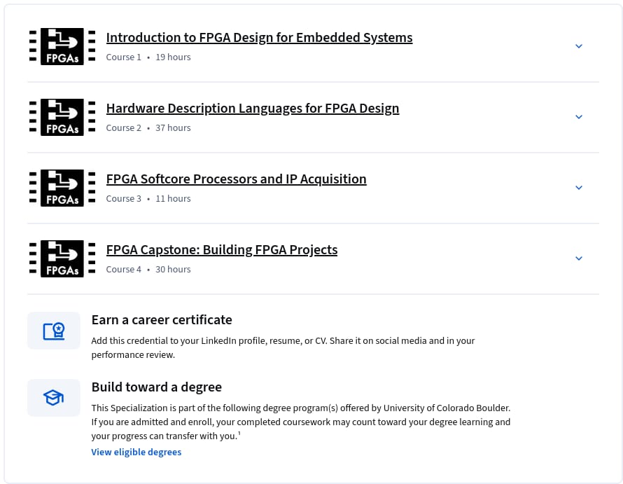 Course topics · FPGA Design for Embedded Systems Specialization 2026-8
