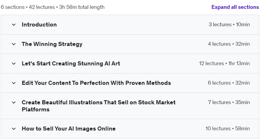 Course topics · Udemy — AI Stock Photography: Create and Make Money With AI Art 2024-6