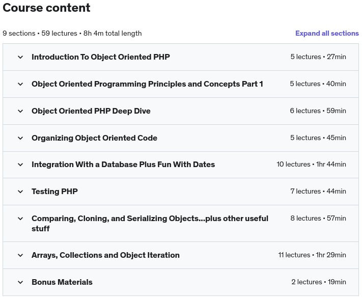 Course topics · Udemy — The Complete Object Oriented PHP Developer Course 2022-9
