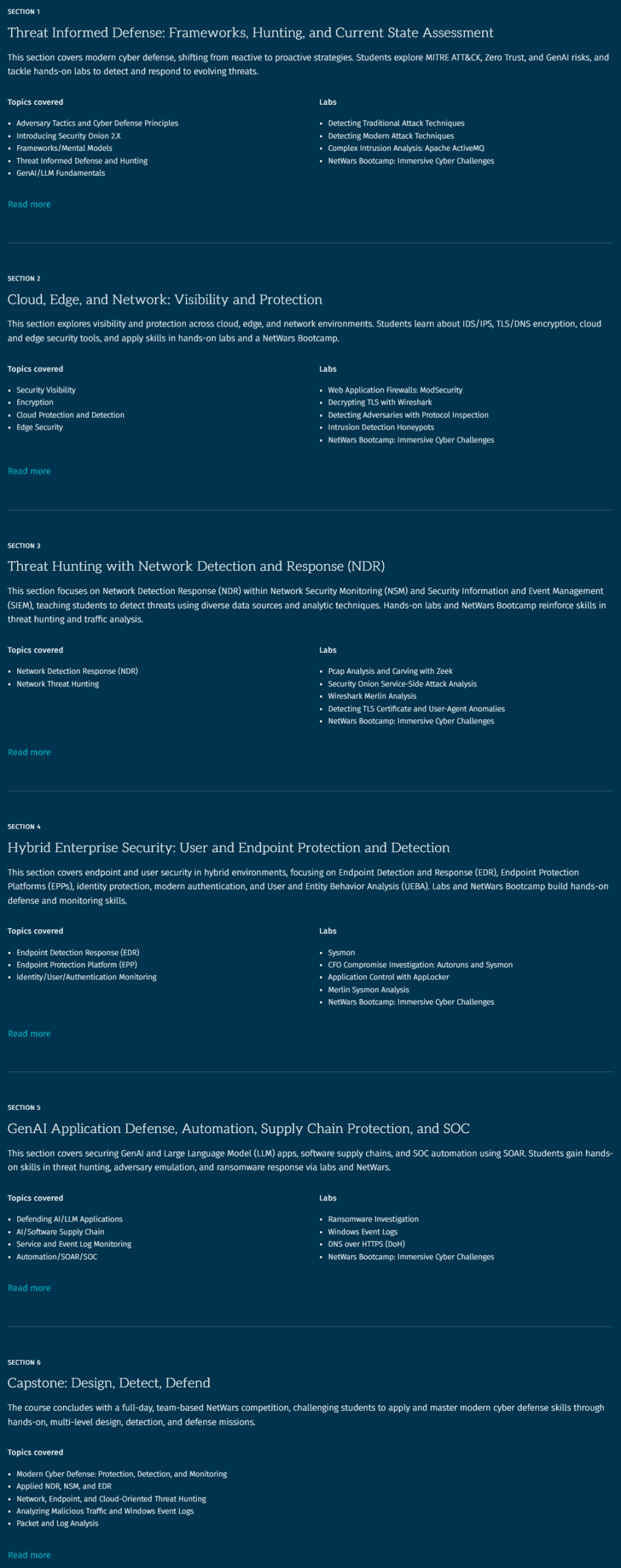 Course topics · SANS — SEC511: Cybersecurity Engineering: Advanced Threat Detection and Monitoring 2020-6
