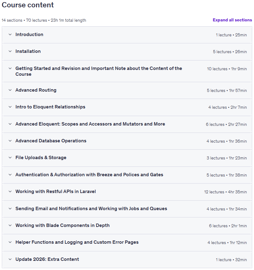 Course topics · The Complete PHP Laravel 12 Course: Learn Advanced Basics 2025-12