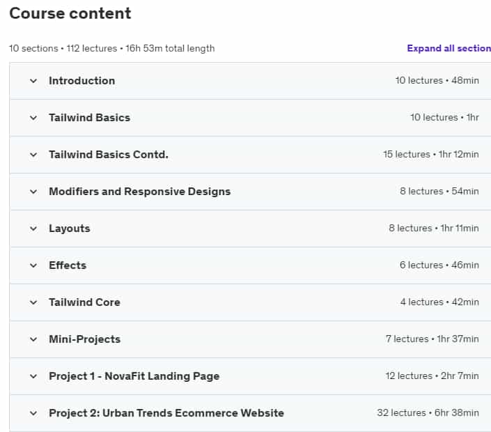Course topics · Udemy — Tailwind CSS from Beginner to Expert | Tutorial and Projects 2024-9