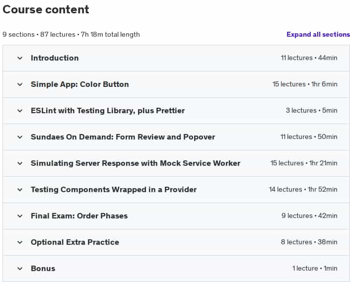 Course topics · Udemy — React Testing Library with Jest / Vitest 2024-9