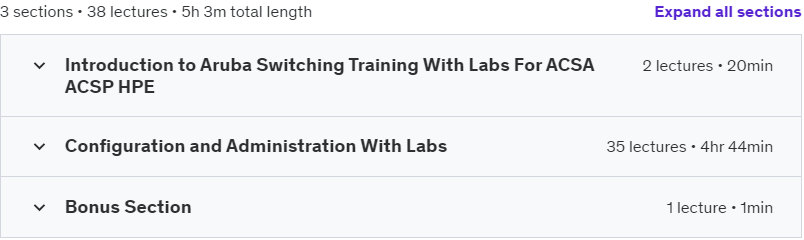 Course topics · Udemy — Aruba Switching Training With Labs For ACA ACSA ACSP HPE 2024-2