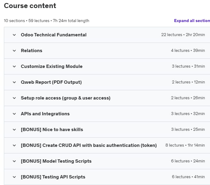 Course topics · Udemy — Odoo 17 Technical Course 2024-2