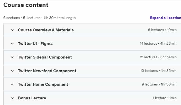 Course topics · Udemy — Design & Code Twitter Home Page with JavaScript, CSS & Figma 2024-10