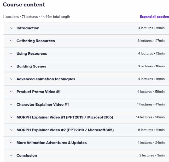 Course topics · Udemy — Create Animated Explainer Videos with PowerPoint 2025-2