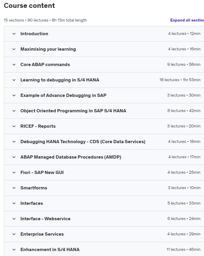 Course topics · Udemy — Learn to debug code in SAP S/4 HANA 2021-12