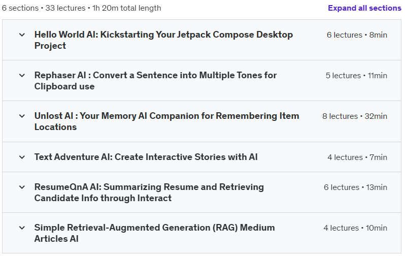 Course topics · Udemy — Build Generative AI App Jetpack Compose, Langchain4j &Ollama 2024-7