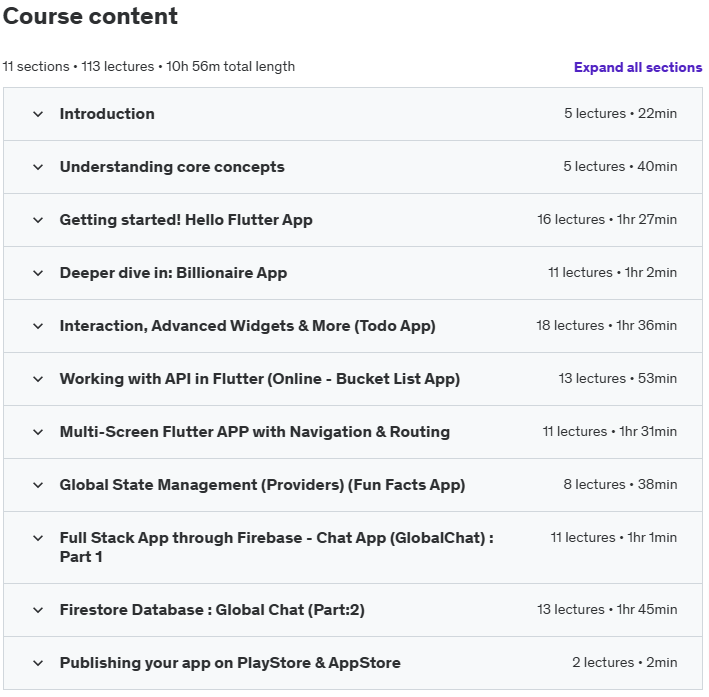 Course topics · Udemy — Flutter Masterclass (Dart, APIs, Firebase & More) 2024-1