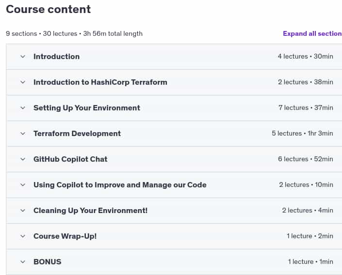 Course topics · Udemy — [NEW] GitHub Copilot: Use GenAI to Write Terraform For You! 2024-12