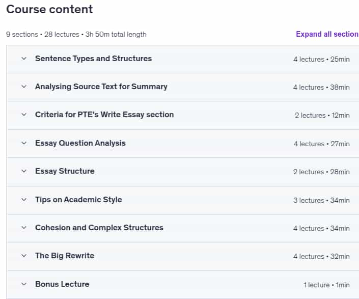 Course topics · Udemy — PTE Academic Exam Preparation: Writing Mastery | SCORE 79+ 2024-4