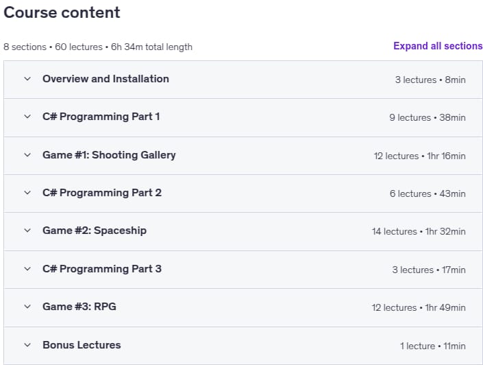 Course topics · Udemy — Learn Game Development with C# Programming and MonoGame! 2024-7