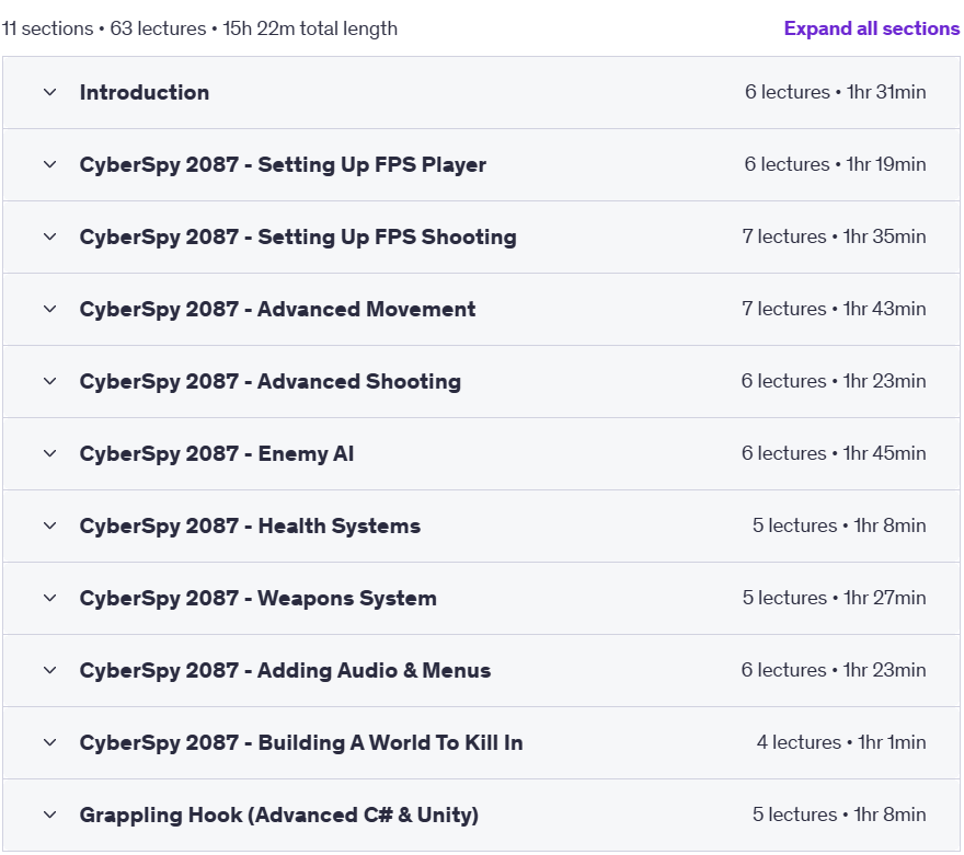 Course topics · Udemy — Masterclass in C# Programing & Unity 3D Game Development FPS 2023-11