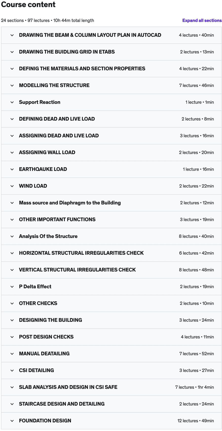 Course topics · Udemy — 3 stories building design in Etabs and SAFE beginning to end 2022-3