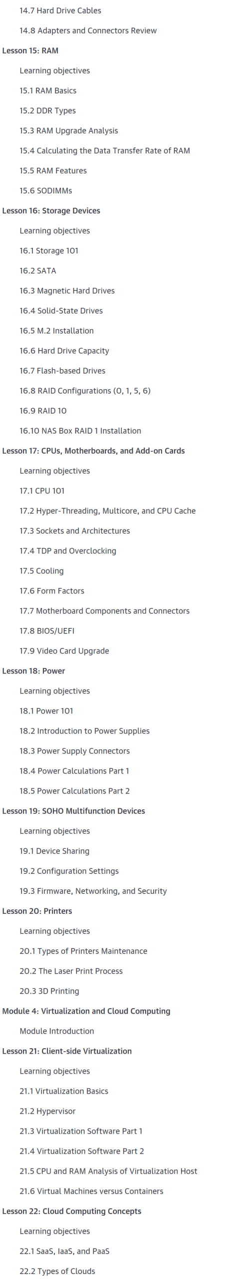 Sujets du cours · CompTIA A+ Core – CompTia A+ Cœur – Comptia A + Cœur 1 (220-1201) 2025-5