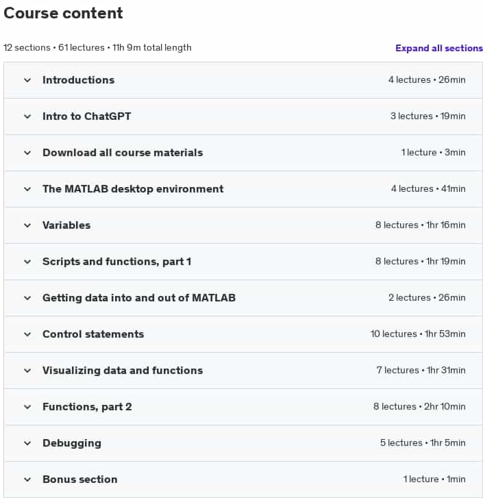 Course topics · Udemy — Get started with MATLAB and ChatGPT for scientific coding 2024-11/2025-2