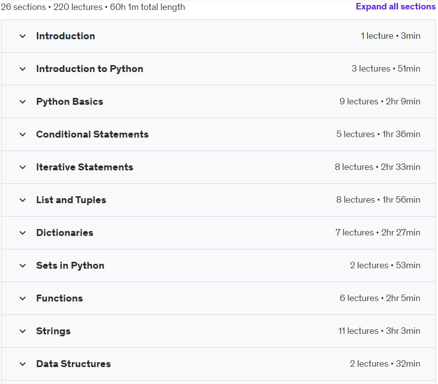Course topics · Complete Python Megacourse: Beginner to Expert 2023-11