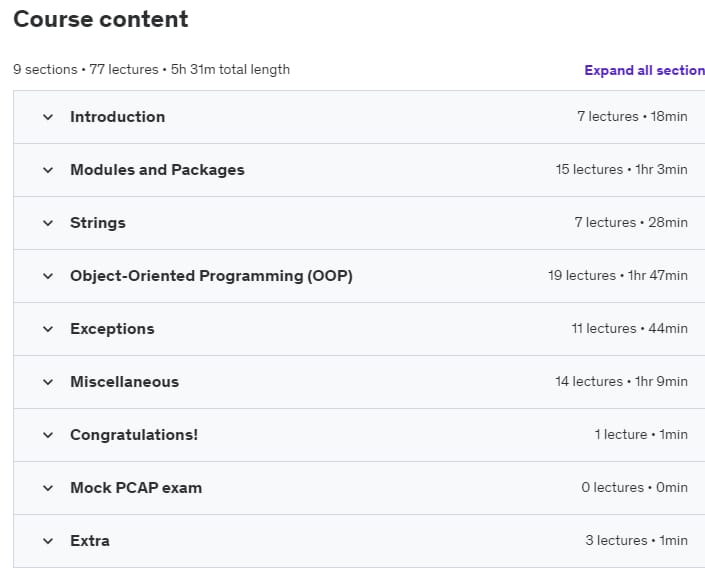 Course topics · Udemy — Python PCAP: Pass Certified Associate in Python Programming 2023-3