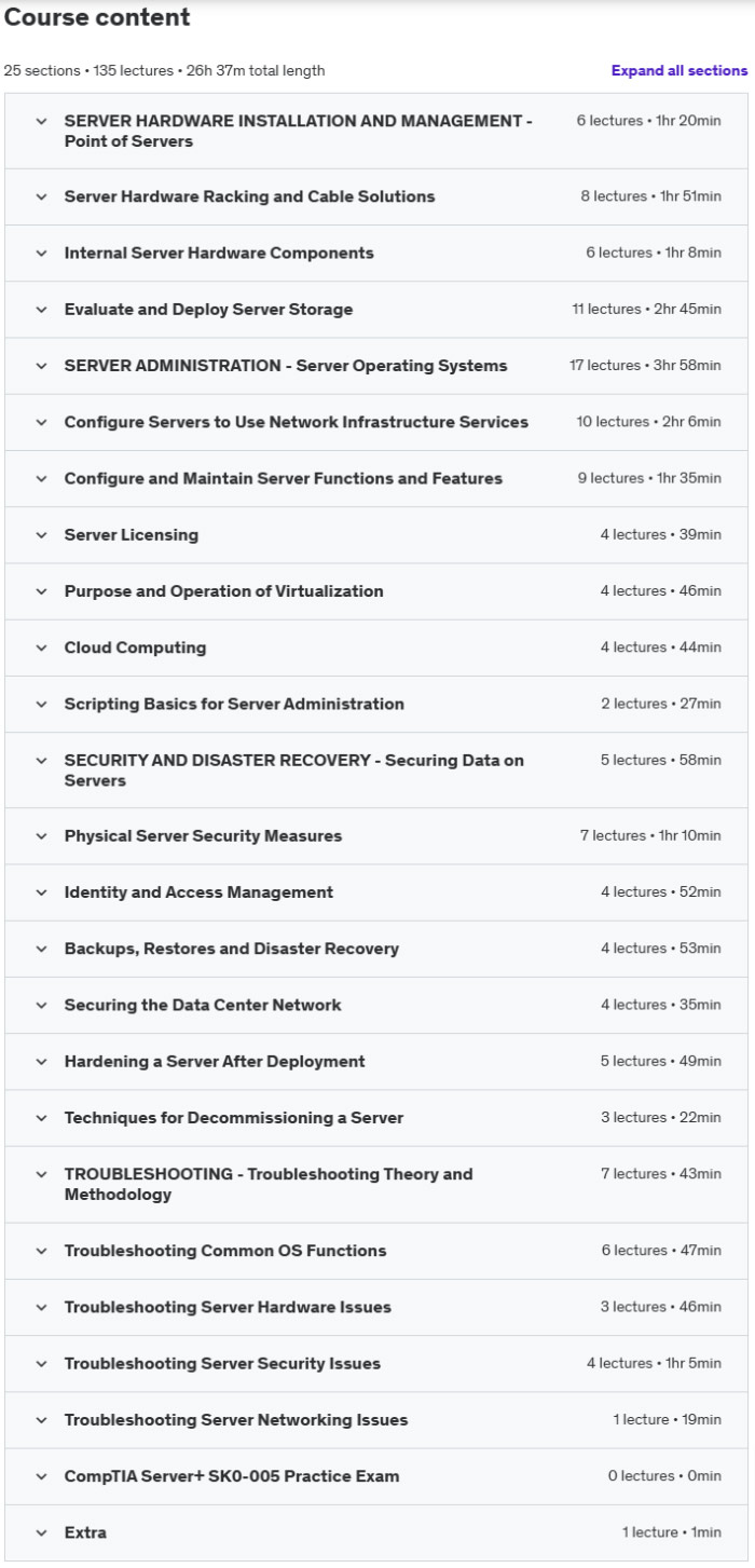 Course topics · Udemy — Server+ | CompTIA Server+ SK0-005 Certification Prep Course 2024-9
