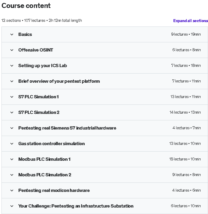 Course topics · Udemy — Practical Industrial Control System Penetration Testing 2023-3