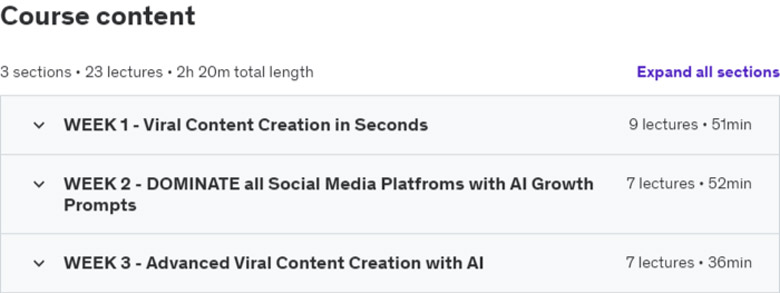 Course topics · Udemy — ChatGPT for Viral Content Creation Social Media Generation 2024-2