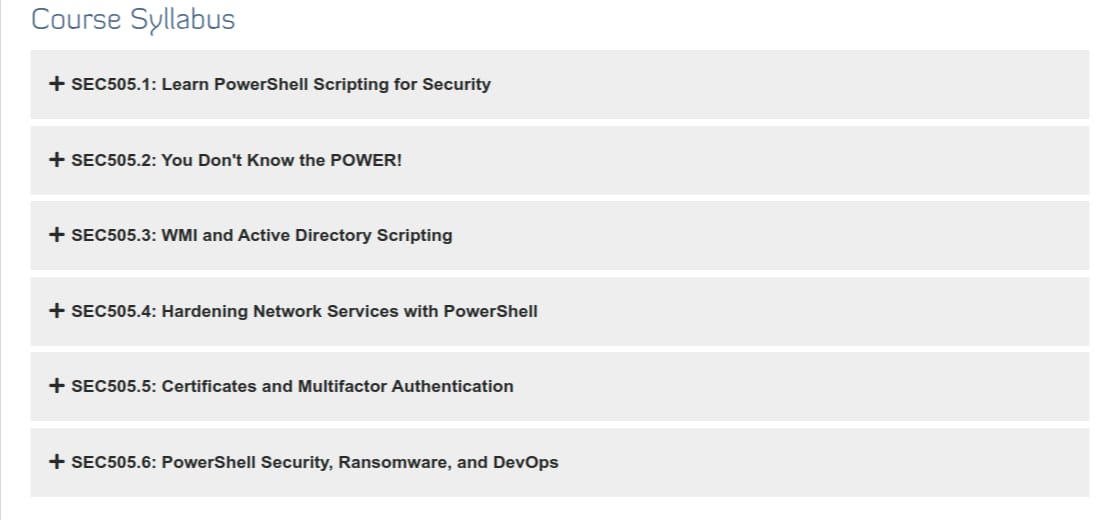 Course topics · Sans — SEC505: Securing Windows and PowerShell Automation 2020-7