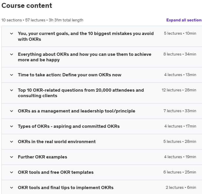 Course topics · Udemy — OKR Goal Setting 101 – Achieve more goals than ever! Faster! 2022-7