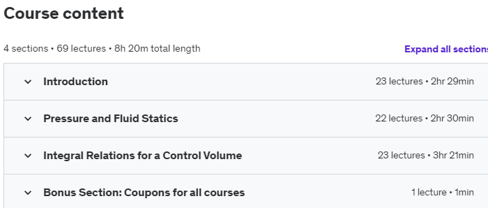Course topics · Udemy — Fundamentals of Fluid Mechanics 2020-07