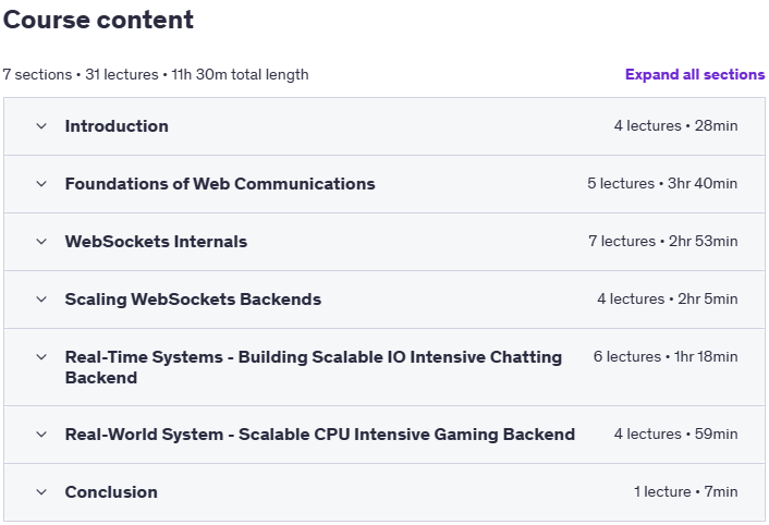 Course topics · Realtime Backend System Design with WebSockets 2025-8