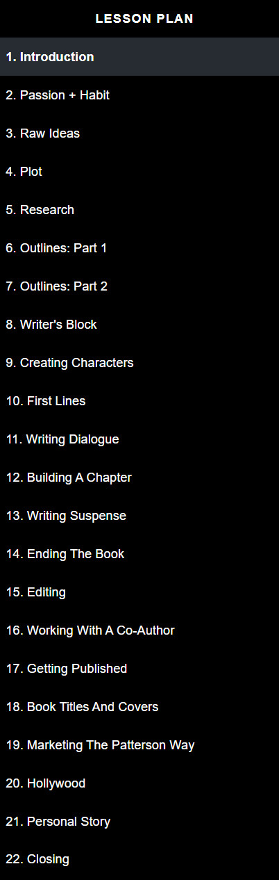 Course topics · MasterClass — James Patterson Teaches Writing 2022-8