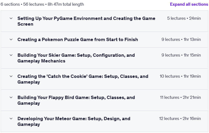 Course topics · Udemy — Python Game Development Masterclass 2023-11