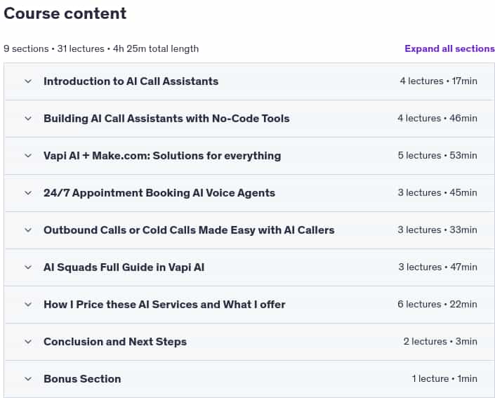 Course topics · Udemy — Build AI Call Assistants: AI Automation Agency with No-Code 2025-5