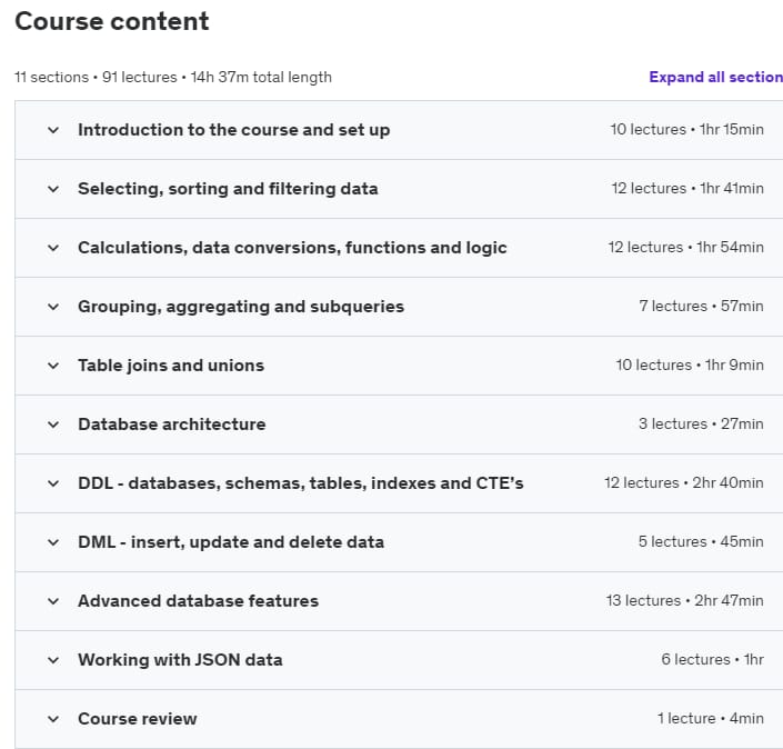 Course topics · Udemy — A complete course in SQL with SQL server 2022-10
