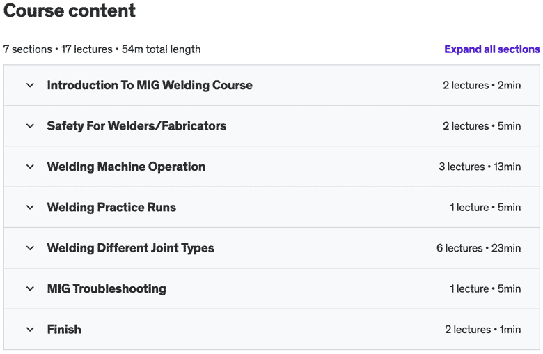 Course topics · Udemy — Beginner MIG Welding 2020-8
