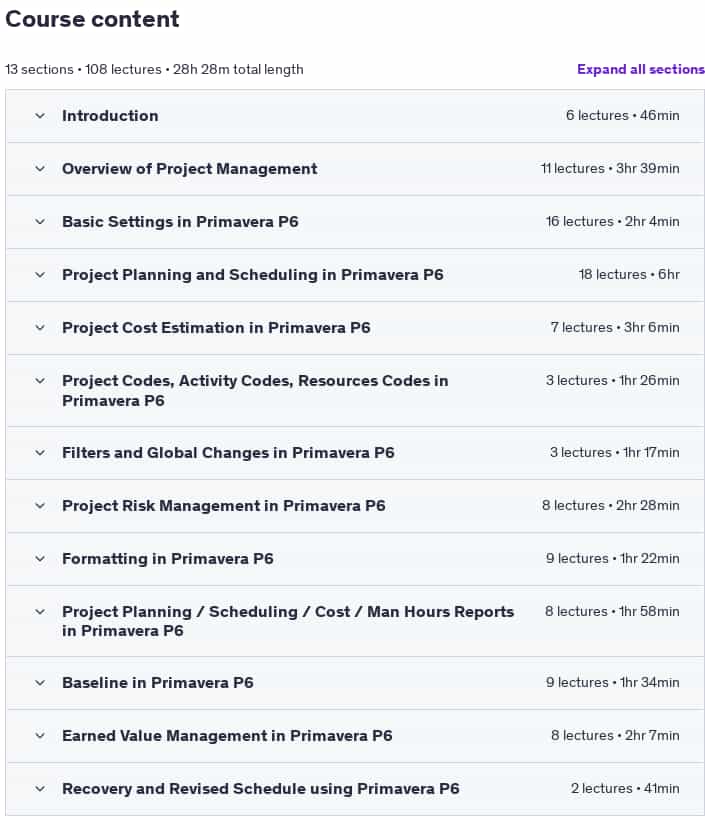 Course topics · Udemy — Primavera P6: Project Planning (Basic to Advanced, 24 PDUs) 2025-5