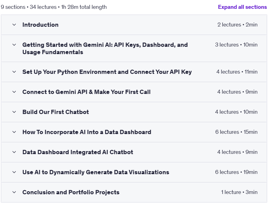 Course topics · Udemy — Gemini AI Made Simple: Create Chatbots & AI Tools with Ease 2025-3
