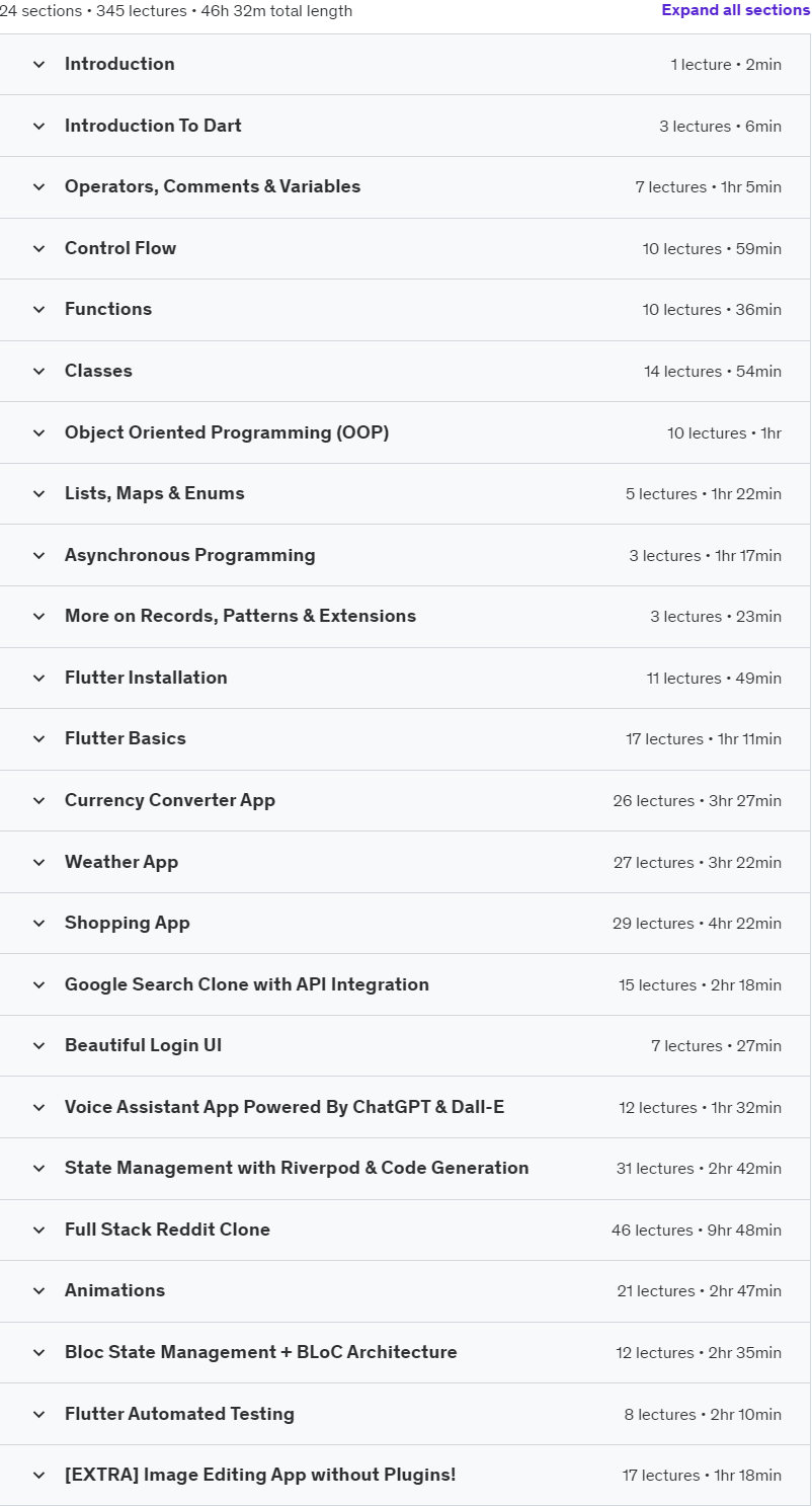 Course topics · The Ultimate Dart & Flutter Course 2024 2024-1