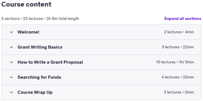 Course topics · Udemy — Grant Writing: Keys to a Successful Proposal 2022-5