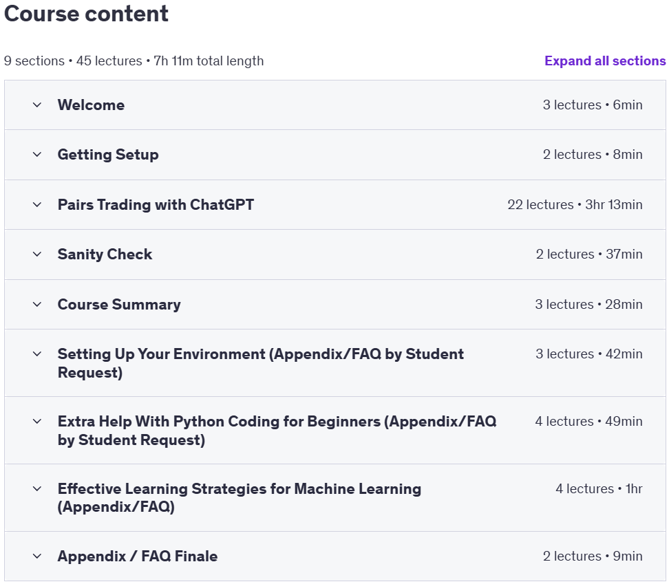 Course topics · Udemy — Financial Analysis: Build a ChatGPT Pairs Trading Bot 2025-4