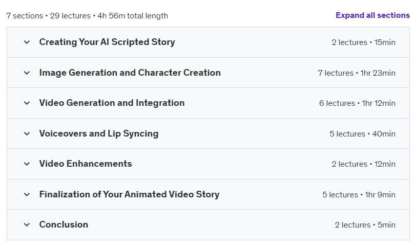 Course topics · Udemy — Create AI Animated Video Stories with Consistent Characters 2024-11