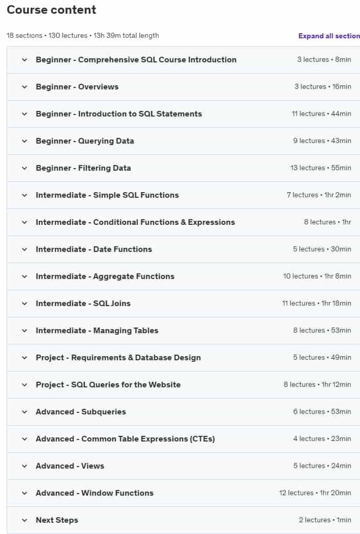 Course topics · Udemy — Comprehensive SQL Course:Hands-on Project & Coding Exercises 2024-5