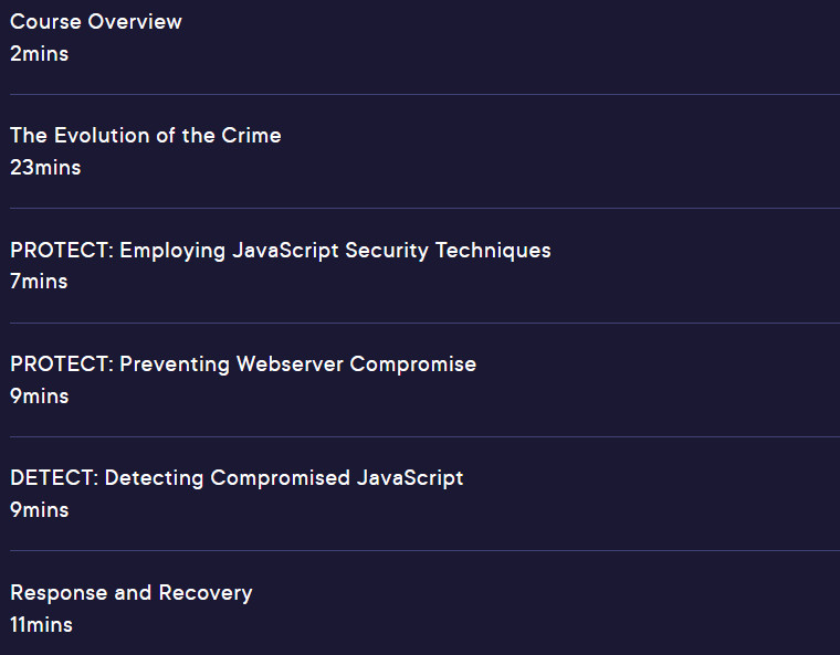 Course topics · Pluralsight — Defending Against JavaScript Keylogger Attacks on Payment Card Information 2024-11