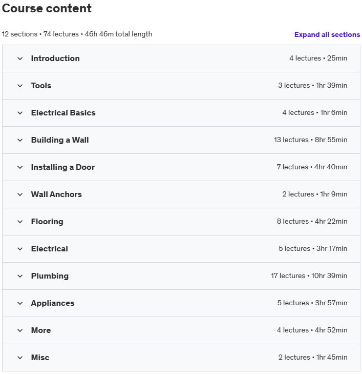 Course topics · Udemy — Comprehensive Home Repair and Improvement 2019-9