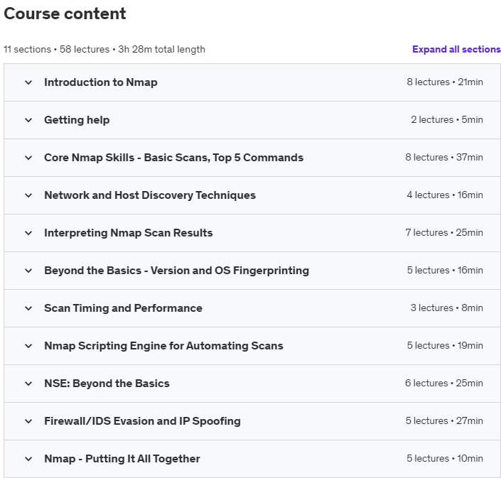 Course topics · Udemy — Nmap for Ethical Hackers – The Ultimate Hands-On Course 2023-3