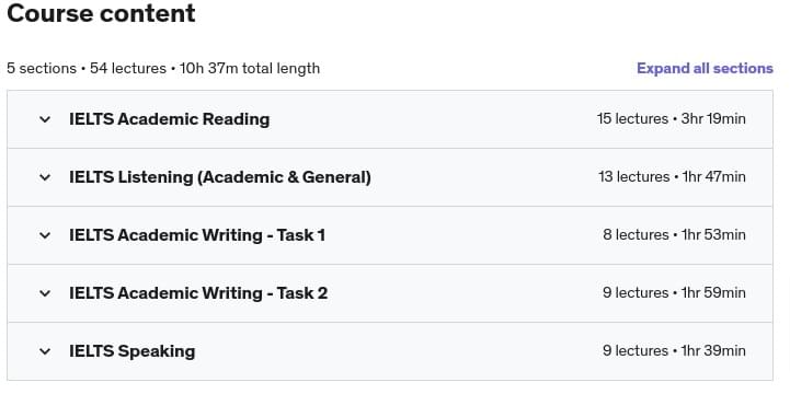 Course topics · Udemy — IELTS Academic: 10+ Hours of Complete Course 2022-3