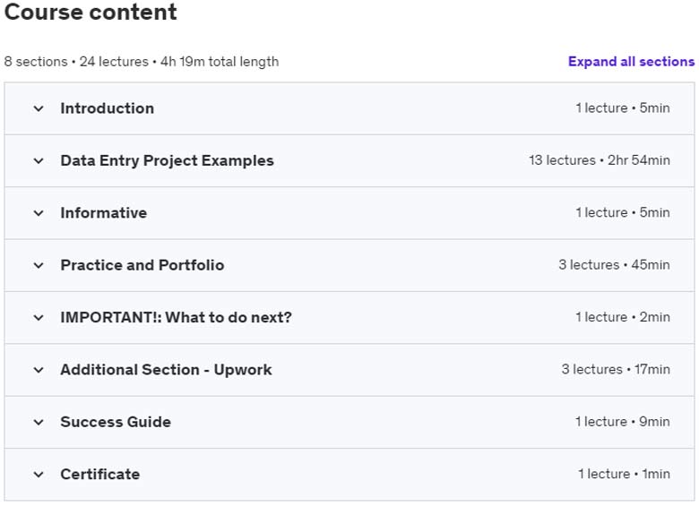 Course topics · Udemy — Data Entry Course for Beginners 2023-4