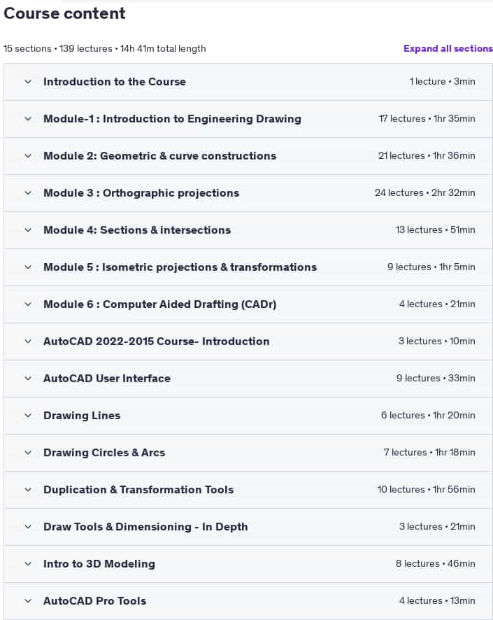 Course topics · Udemy — Engineering Drawing + AutoCAD for Engineers & Hobbyists 2022-5