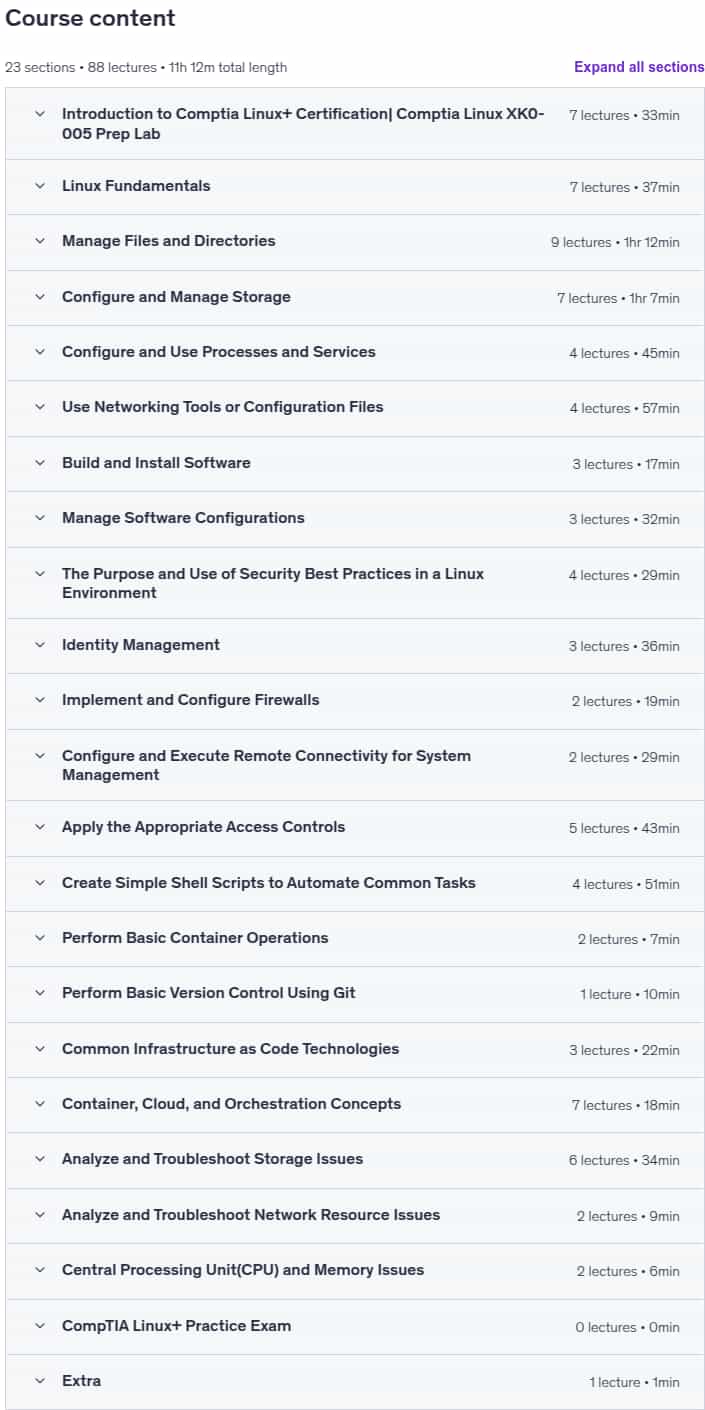 Course topics · Udemy — Comptia Linux+ Certification| Comptia Linux XK0-005 Prep Lab 2025-9