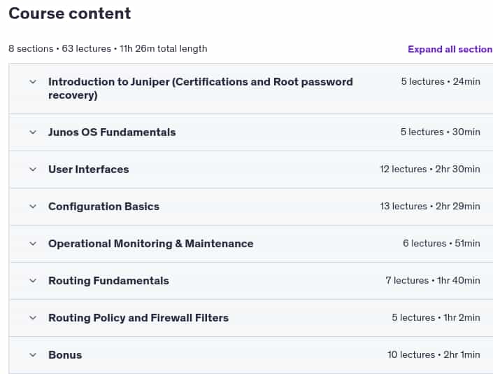 Course topics · Udemy — Juniper JNCIA-JUNOS with LABS 2025-1